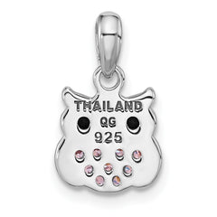 Sterling Silver Rhodium-plated Pink/Black CZ Owl Pendant