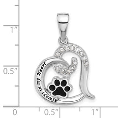 Sterling Silver Rh-plated Enamel CZ Paw ALWAYS IN MY HEART Pendant