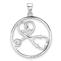 Sterling Silver Rhod-plated with CZ Stethoscope and Heartbeat Pendant