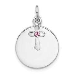 SS Rhodium-plated Circle Disk and Cross with Pink Crystal Pendant