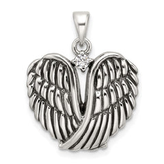 Sterling Silver Polished and Antiqued CZ Angel Wing Heart Pendant