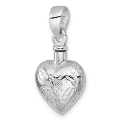 Sterling Silver Rhodium-plated Polished and Textured Heart with Leaves Ash Holder Pendant