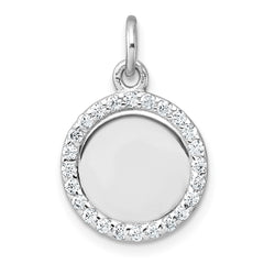 Sterling Silver Rhodium-plated Polished CZ Engraveable Circle Pendant