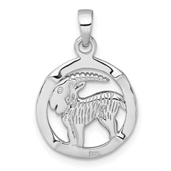 Sterling Silver Rhodium-plated Polished Reversible Capricorn Goat in Circle Zodiac Pendant
