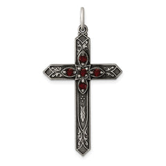 Sterling Silver Antiqued January Glass Birthstone Cross Pendant