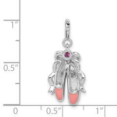 Sterling Silver Rhodium-plated Pink Enameled Ballet Slippers Charm
