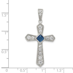 Sterling Silver Rhodium-plated Blue CZ Center & CZ Passion Cross Pendant