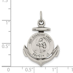 Sterling Silver Antiqued Guardian Angel on Anchor Medal Pendant