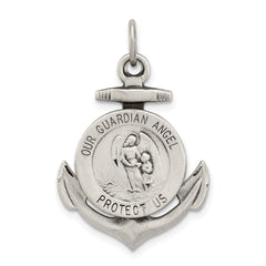 Sterling Silver Antiqued Guardian Angel on Anchor Medal Pendant