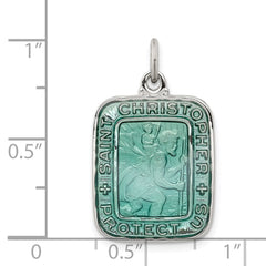 Sterling Silver Teal Enamel Square St. Christopher Medal Pendant