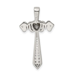 Sterling Silver Polished Rhodium & Rose Gold-plated Mom CZ Cross Pendant