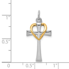 Sterling Silver Platinum-plated & Gold-tone Polished Cross w/Heart Pendant