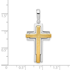 Sterling Silver Rhodium-plated & Gold-tone Brshd/Polished Cross Pendant