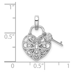 Sterling Silver Rhodium-plated Heart Lock & Key w/CZ Pendant