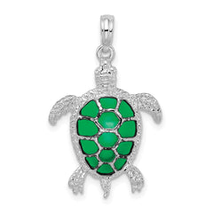 De-Ani Sterling Silver Rhodium-Plated Polished Enameled Green Sea Turtle Pendant - 2