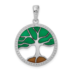 De-Ani Sterling Silver Rhodium-Plated Polished Enameled Tree of Life Pendant
