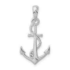 De-Ani Sterling Silver Rhodium-Plated Polished and Textured 3D Anchor with Rope Pendant - 2