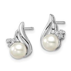 Sterling Silver Rhodium 6mm FW Cultured Pearl & Diamond Post Ear - 2