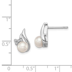 Sterling Silver Rhodium 6mm FW Cultured Pearl & Diamond Post Ear - 2