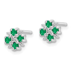 Sterling Silver Rhodium Emerald & Diamond Post Earrings - 2