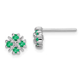 Sterling Silver Rhodium Emerald & Diamond Post Earrings - 2