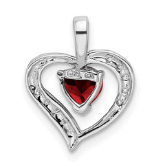 Sterling Silver Rhodium Heart Garnet & Diamond Heart Pendant