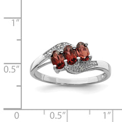 Sterling Silver Rhodium-plated 3 Stone Garnet & Diamond Ring - 6