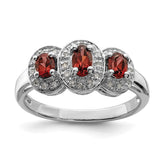 Sterling Silver Rhodium-plated 3 Stone Garnet & Diamond Ring - 3