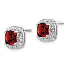 Sterling Silver Rhodium Plated Garnet and Diamond Post Earrings