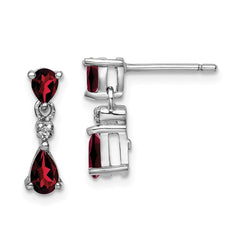Sterling Silver Rhodium Pear Garnet and Diamond Post Earrings