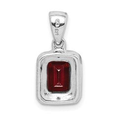 Sterling Silver Rhodium Emerald-cut Garnet & Diamond Pendant