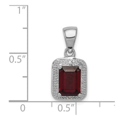 Sterling Silver Rhodium Emerald-cut Garnet & Diamond Pendant