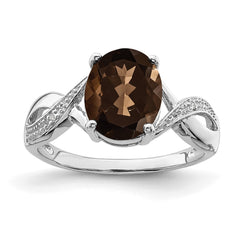 Sterling Silver Rhodium Smoky Quartz & Diamond Ring - 7