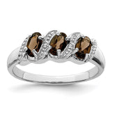 Sterling Silver Rhodium 3 Stone Smoky Quartz & Diamond Ring - 5