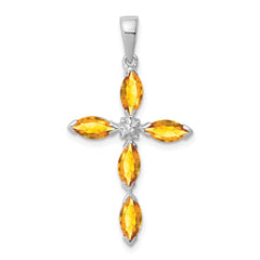 Sterling Silver Rhodium Citrine & Diamond Cross Pendant