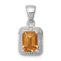 Sterling Silver Rhodium Emerald-cut Citrine & Diamond Pendant
