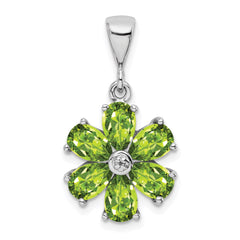 Sterling Silver Rhodium Plated Peridot and Diamond Flower Pendant