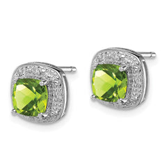 Sterling Silver Rhodium Plated Peridot and Diamond Post Earrings - 2