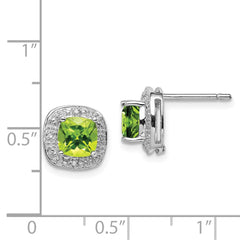 Sterling Silver Rhodium Plated Peridot and Diamond Post Earrings - 2
