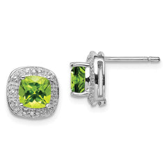 Sterling Silver Rhodium Plated Peridot and Diamond Post Earrings - 2