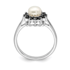 Sterling Silver Rhod 6mm FW Cultured Button Pearl & Sapphire Ring - 2