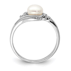 Sterling Silver Rhodium 6mm FW Cultured Button Pearl & Diamond Ring - 6