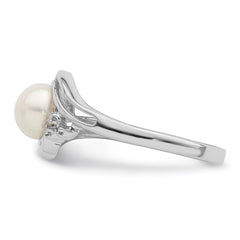 Sterling Silver Rhodium 6mm FW Cultured Button Pearl & Diamond Ring - 6