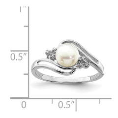 Sterling Silver Rhodium 6mm FW Cultured Button Pearl & Diamond Ring - 6