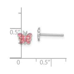 Sterling Silver Rhodium-plated Polished Pink Enameled Butterfly Children's Post Earrings