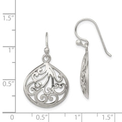 Sterling Silver Polished Filigree Swirl Wide Teardrop Dangle Earrings