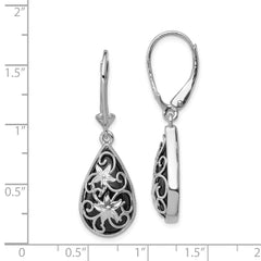 Sterling Silver RH-plated D/C Onyx Floral Teardrop Leverback Earrings