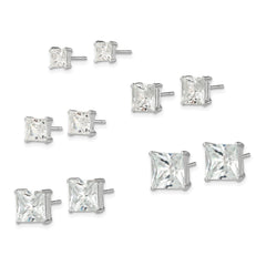 Sterling Silver Polished Square CZ 5-Pair Post Earrings Set