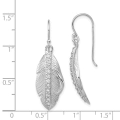 Sterling Silver RH-plated CZ Textured Feather Shepherd Hook Earrings