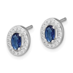 Sterling Silver Rhod-plated Blue and White CZ Oval Stud Earrings - 2